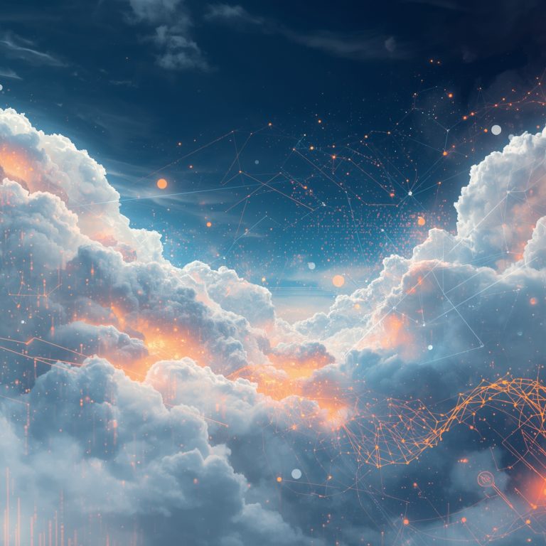 Abstract digital network with glowing nodes over a blue sky and orange clouds, conveying cloud computing themes.