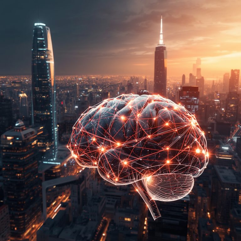 City skyline at sunset with a glowing, networked brain hologram in the foreground.
