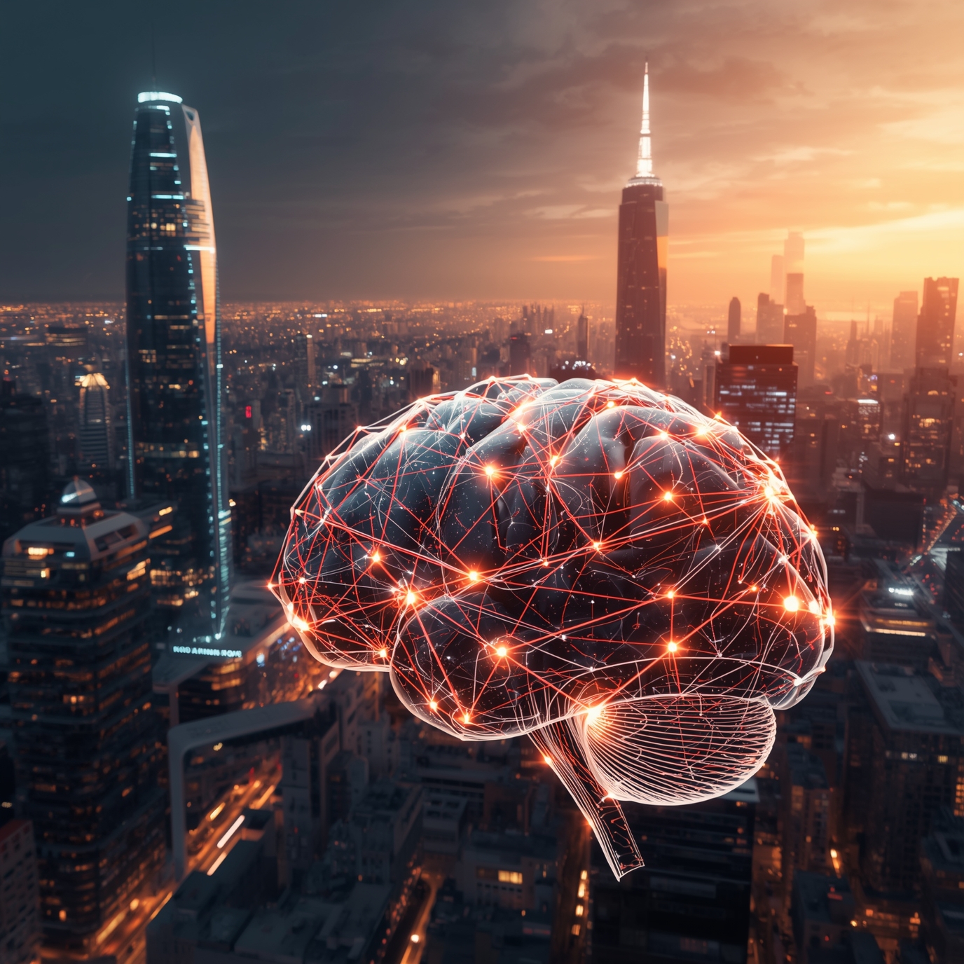 City skyline at sunset with a glowing, networked brain hologram in the foreground.
