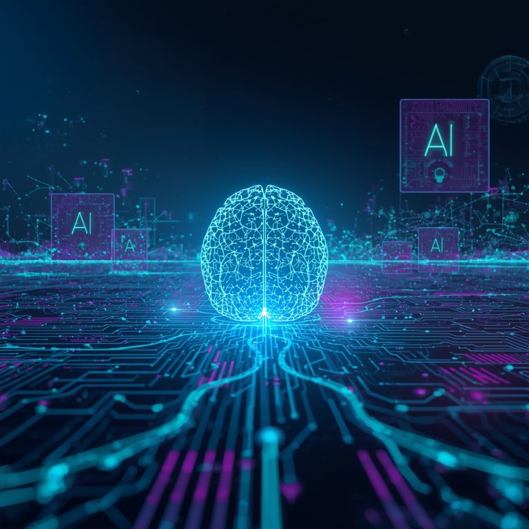 Glowing neon brain hologram over a blue circuit grid, with floating AI panels in the background.