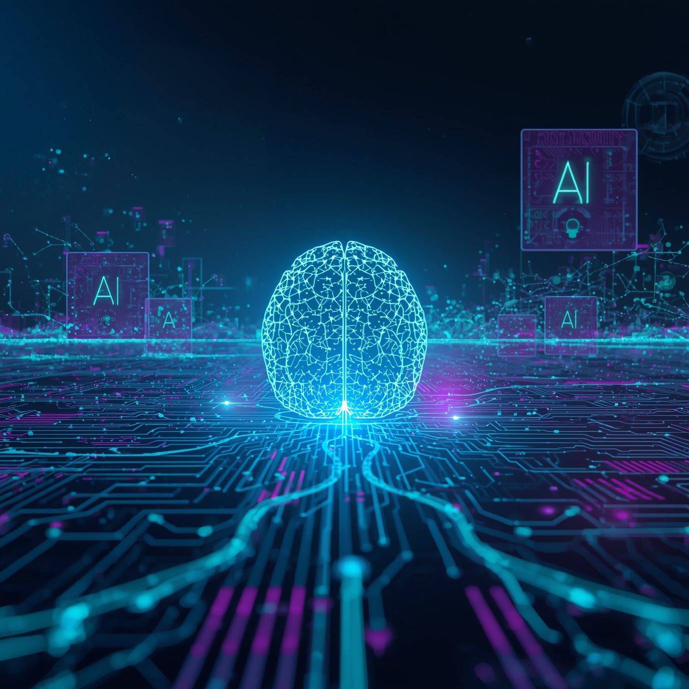 Glowing neon brain hologram over a blue circuit grid, with floating AI panels in the background.