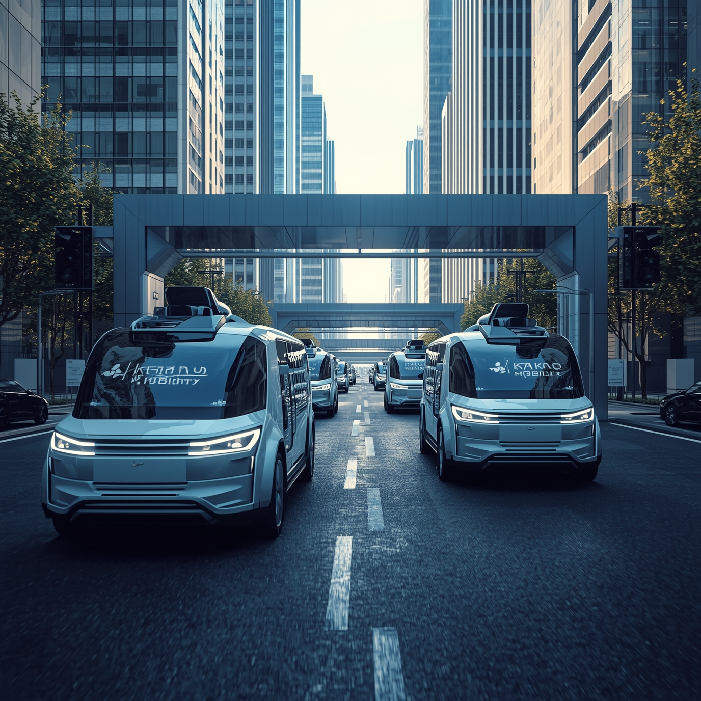 Autonomous white shuttle vans drive down a city street lined with tall glass skyscrapers, a glass bridge overhead.
