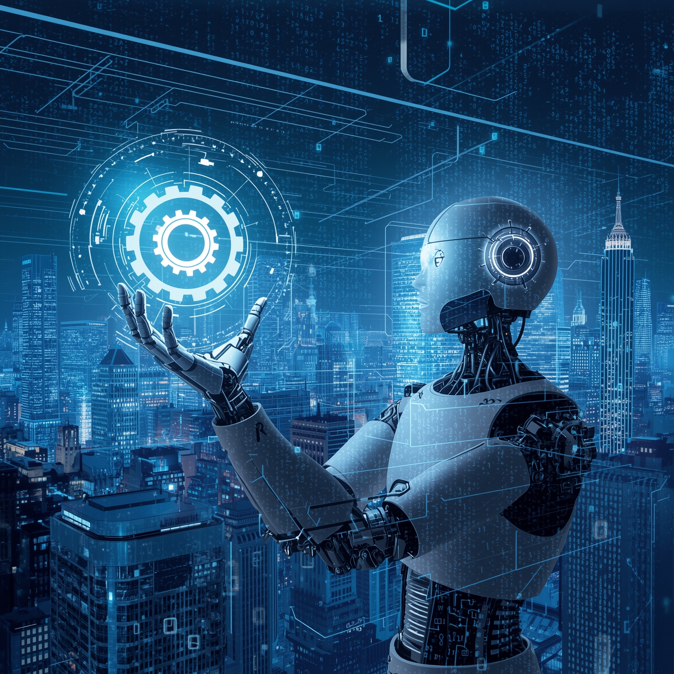 Humanoid robot with exposed circuitry raises a glowing circular gear interface over a futuristic cityscape at night.