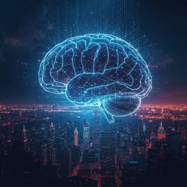 Glowing blue neural network-shaped brain hovering over a neon-lit cityscape at night.