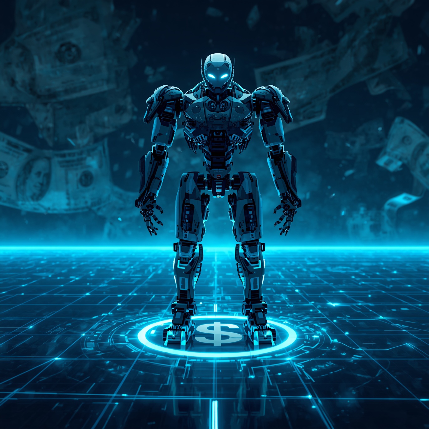Humanoid robot standing on a glowing blue grid with a dollar sign hologram beneath its feet.
