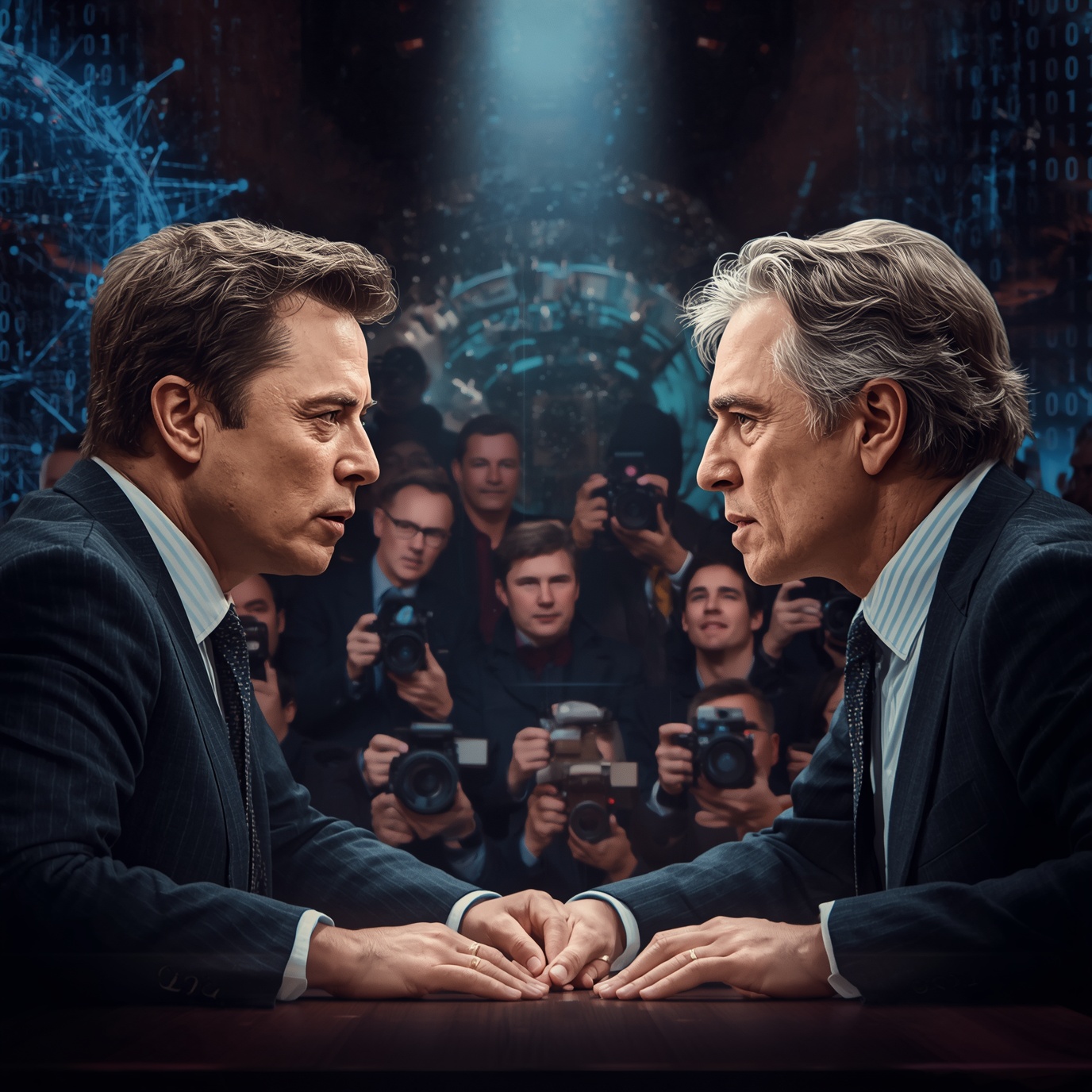 Two businessmen in suits shake hands across a table as photographers watch in a crowd behind them.