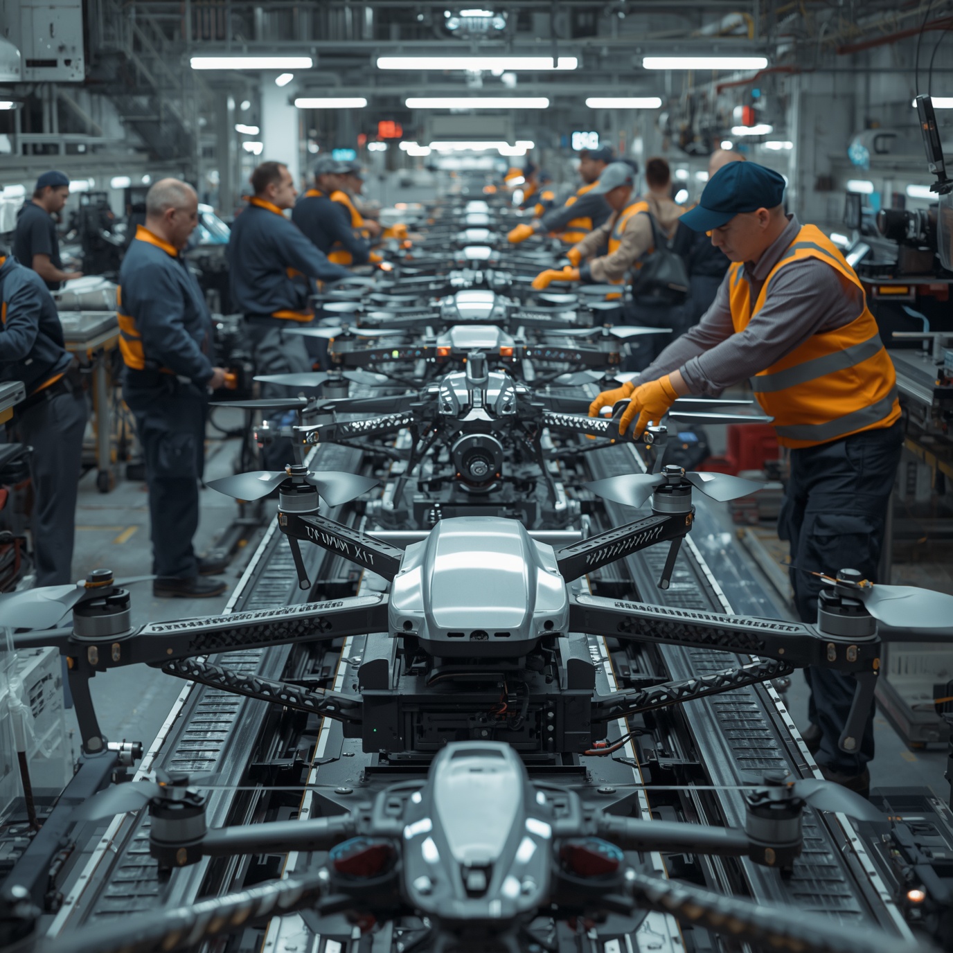 Front view of a drone manufacturing line with multiple quadcopters on a conveyor, workers in orange vests assembling them.