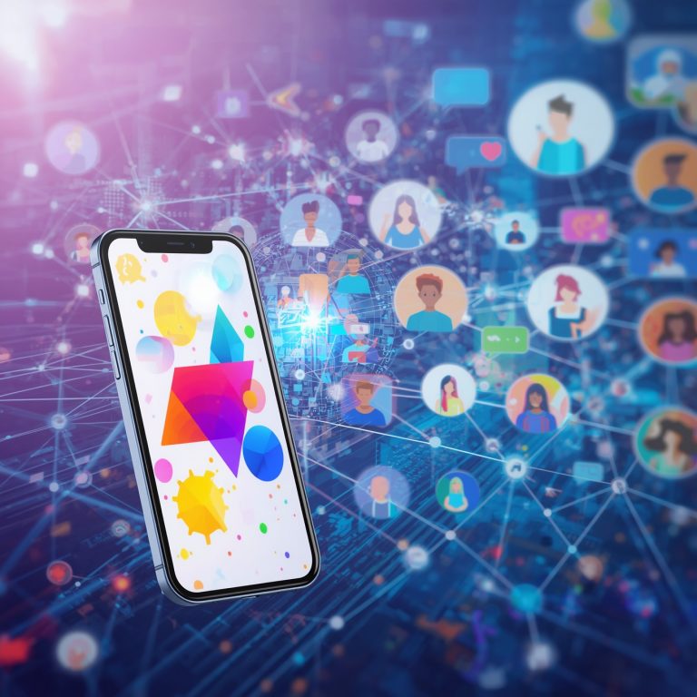 Smartphone displaying colorful abstract shapes with a digital network of connected user icons in the background, indicating online social connectivity.