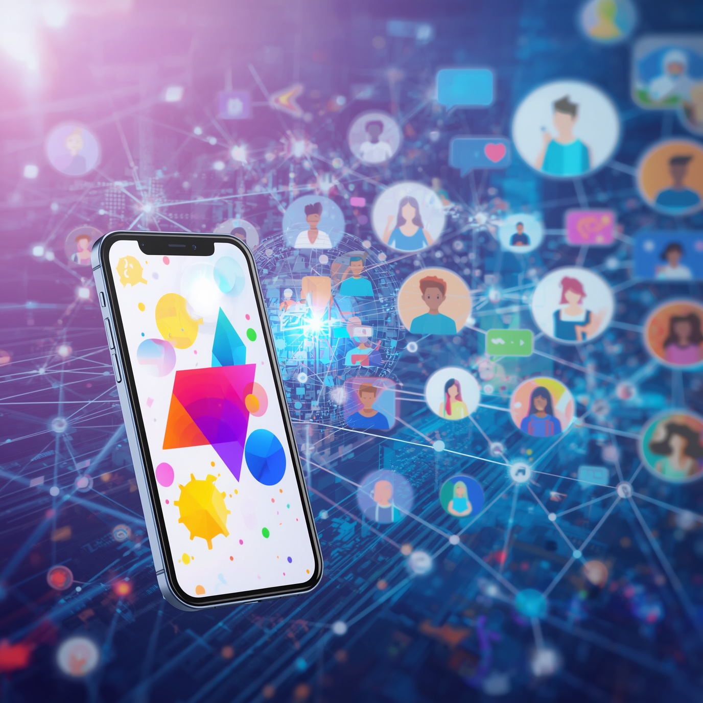 Smartphone displaying colorful abstract shapes with a digital network of connected user icons in the background, indicating online social connectivity.