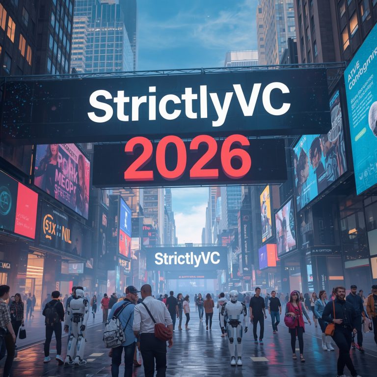 Large digital sign reading 'StrictlyVC 2026' over a crowded city street at a tech conference.
