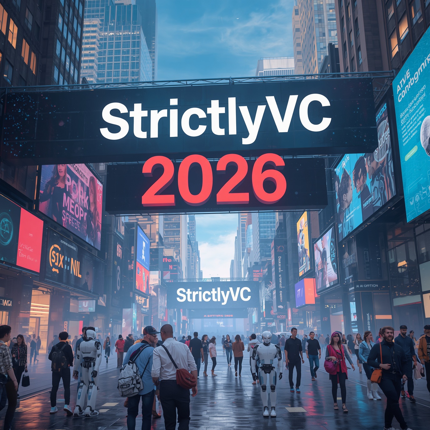 Large digital sign reading 'StrictlyVC 2026' over a crowded city street at a tech conference.