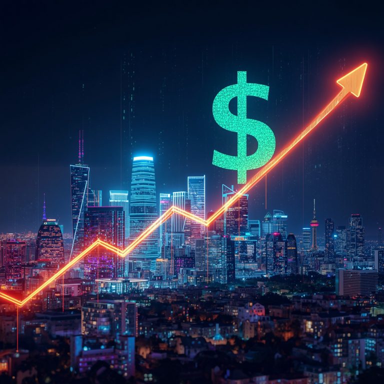 Night city skyline at night with a glowing turquoise dollar symbol and an orange upward-trending arrow, signaling financial growth.