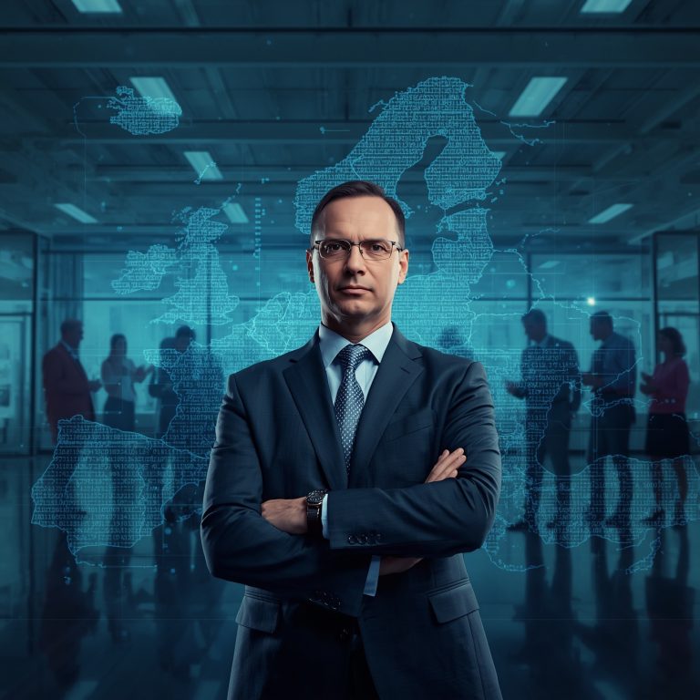 Professional man in a suit with arms crossed, in front of a blue holographic world map in a modern office setting.