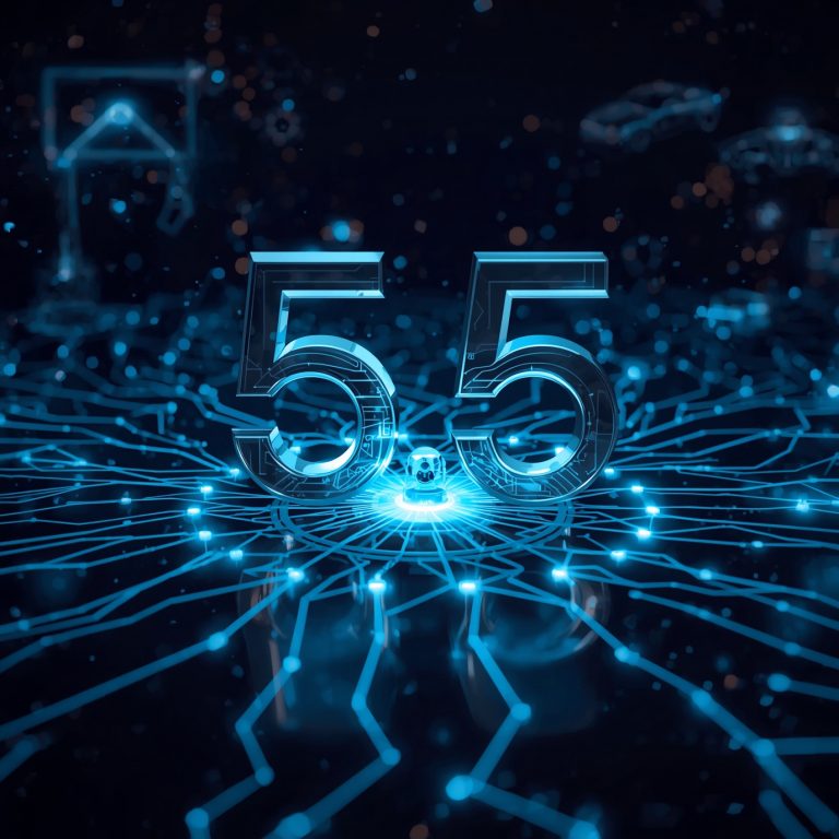 Glowing blue 5G text above a glowing network of circuits, symbolizing connectivity in a dark tech landscape, futuristic design.