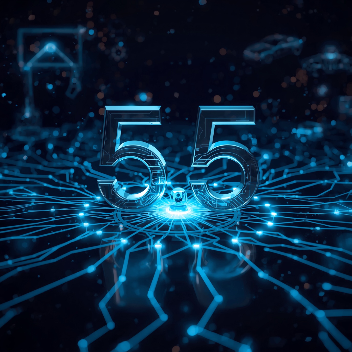 Glowing blue 5G text above a glowing network of circuits, symbolizing connectivity in a dark tech landscape, futuristic design.