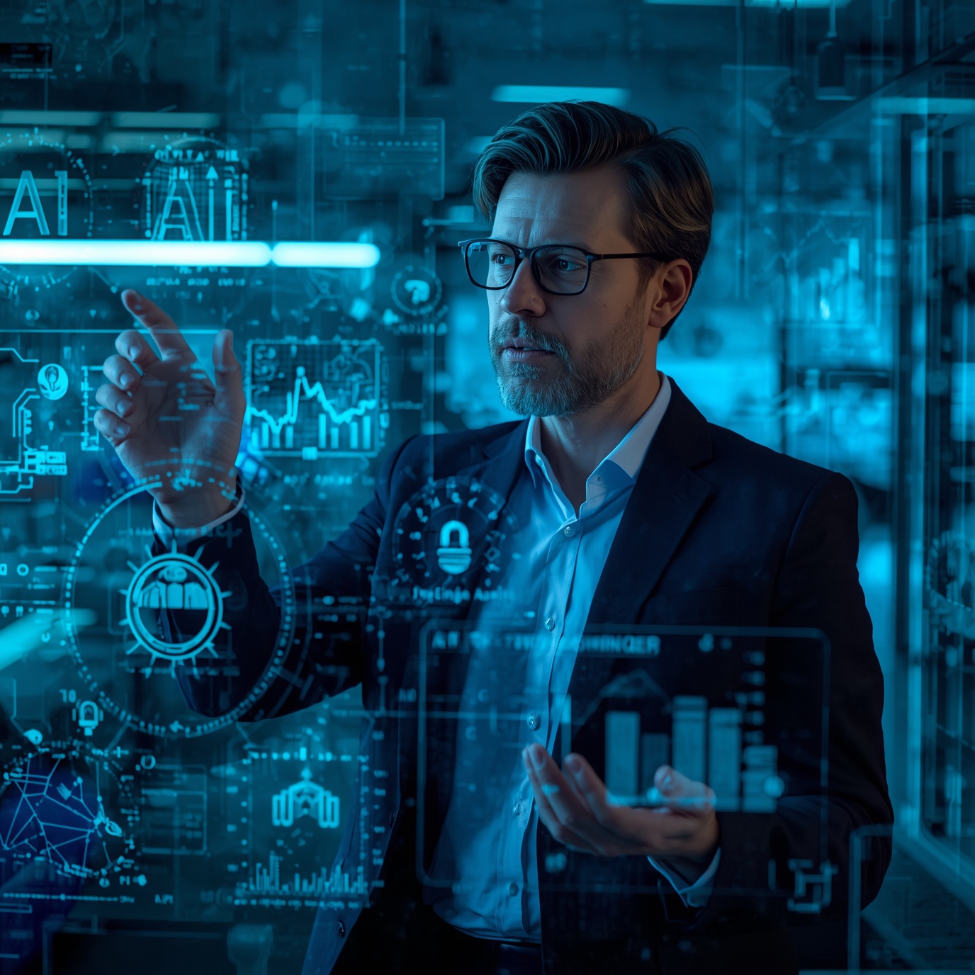 Businessman in glasses touches translucent AI dashboards in a blue-toned high-tech lab, analyzing data.