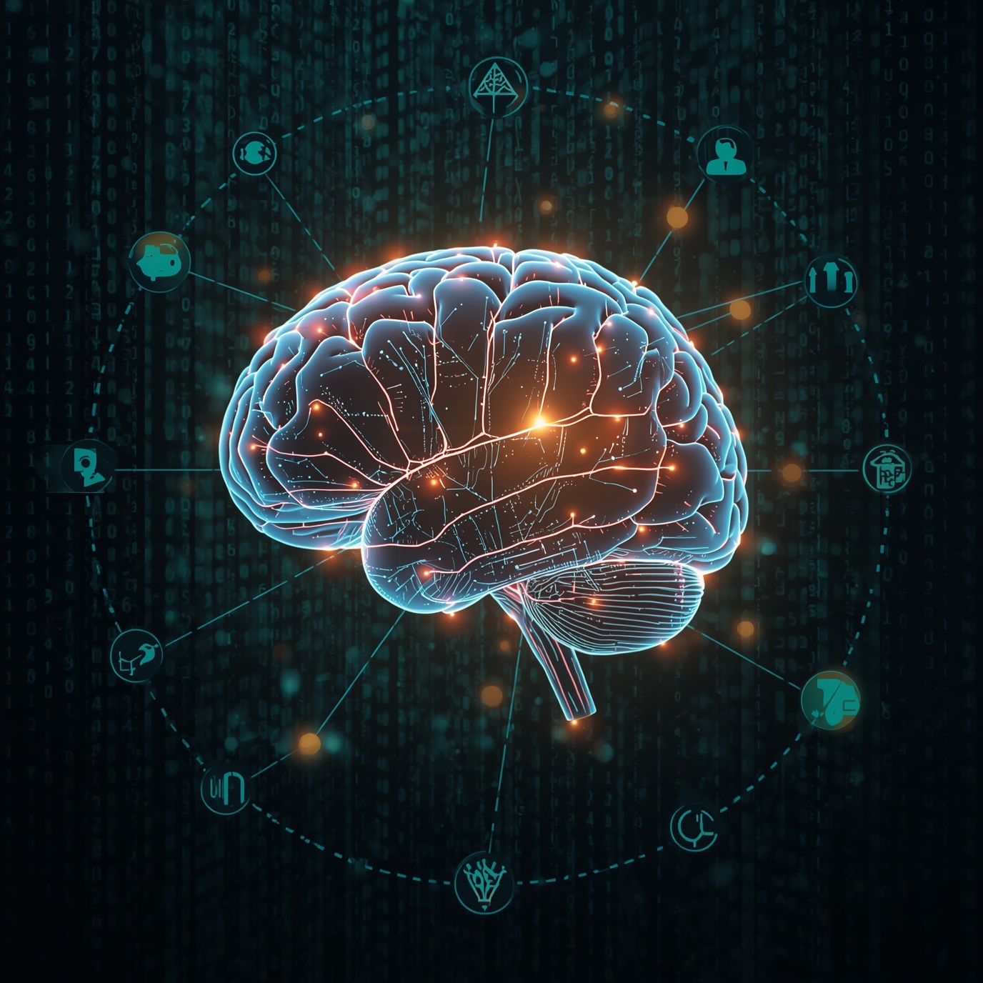 Glowing blue brain at center with connected icons around, illustrating AI and neuroscience connections.