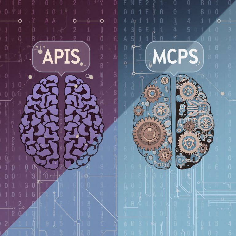 Split-brain illustration: left purple brain labeled APIS, right blue gear-filled brain labeled MCPS with a circuit backdrop.