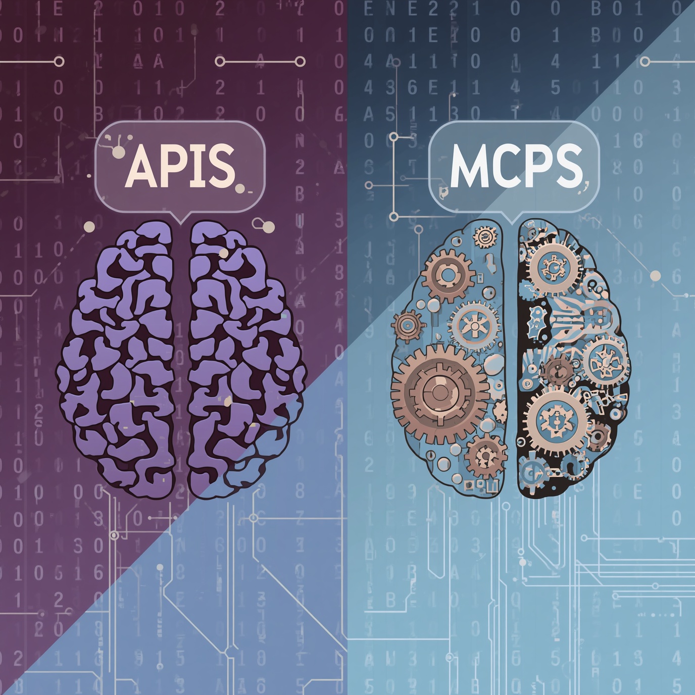Split-brain illustration: left purple brain labeled APIS, right blue gear-filled brain labeled MCPS with a circuit backdrop.