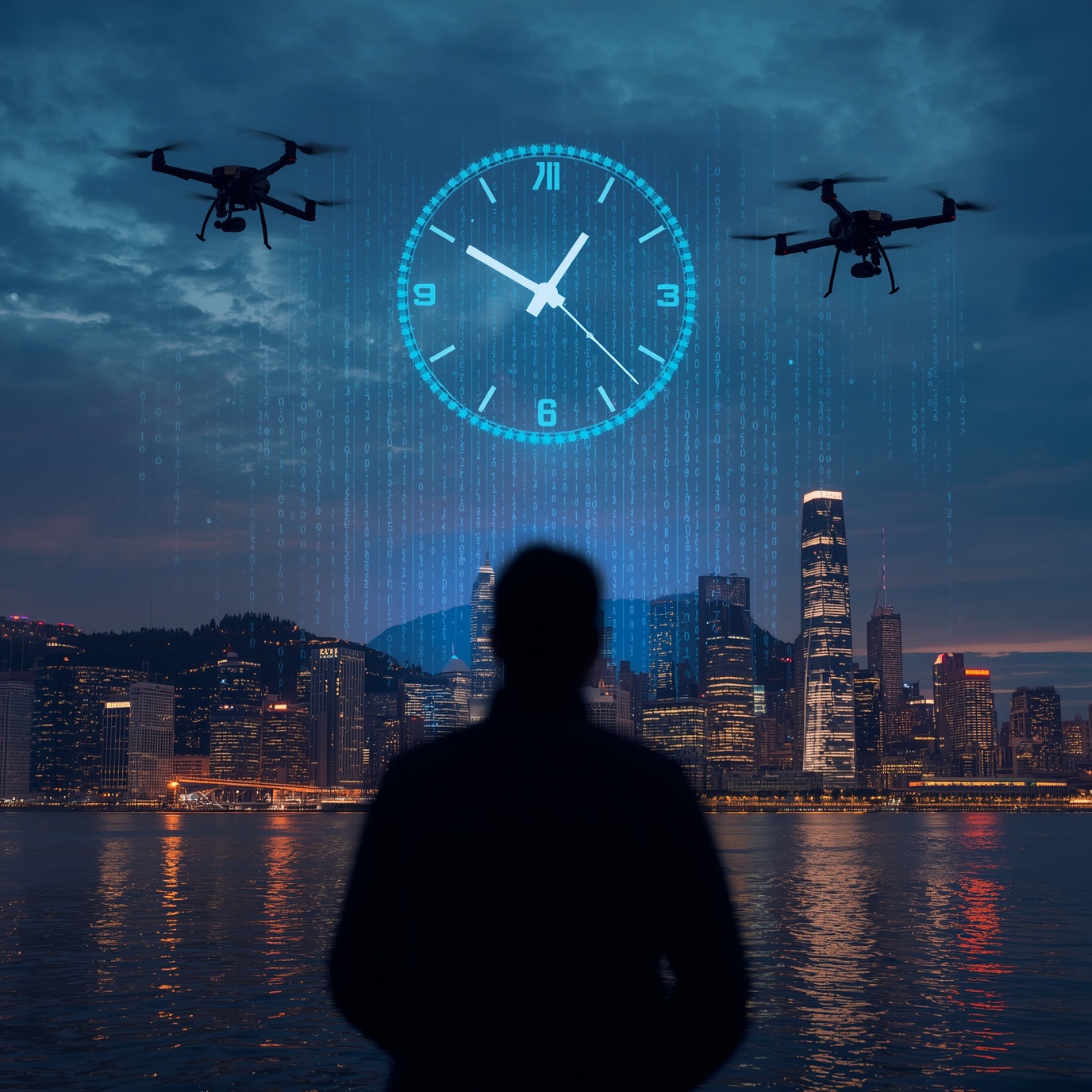 Silhouette of a person facing a city skyline at dusk, with a large glowing holographic clock and two drones overhead.
