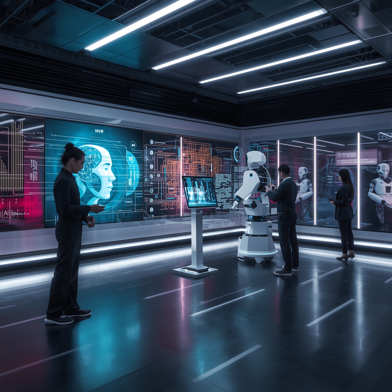 Futuristic lab scene with a humanoid robot and people around a touch-screen console and holographic displays on the wall.
