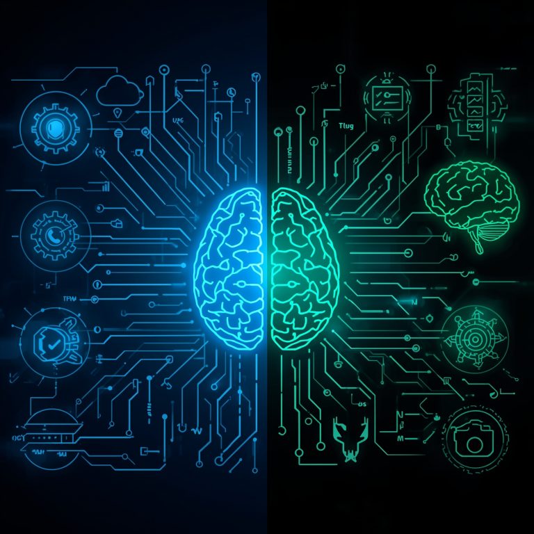 Split-color neon illustration of a brain connected to circuit traces and tech icons, symbolizing human–machine intelligence.
