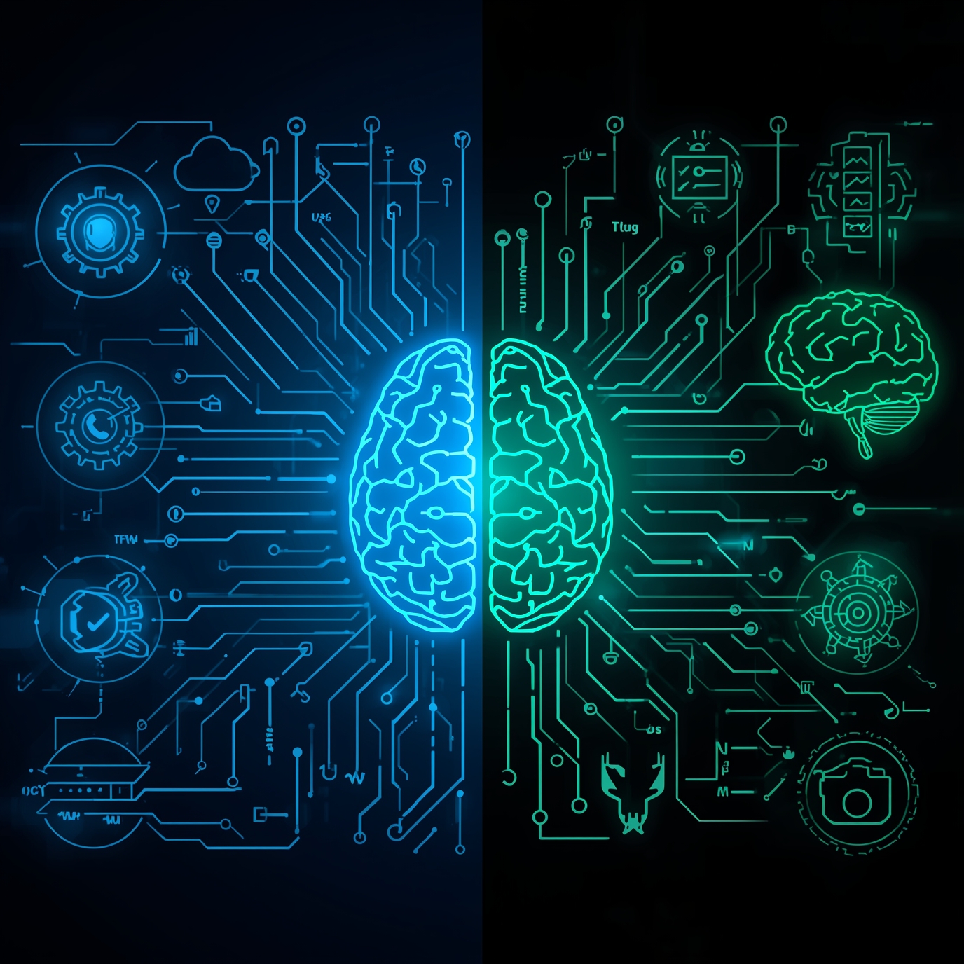 Split-color neon illustration of a brain connected to circuit traces and tech icons, symbolizing human–machine intelligence.