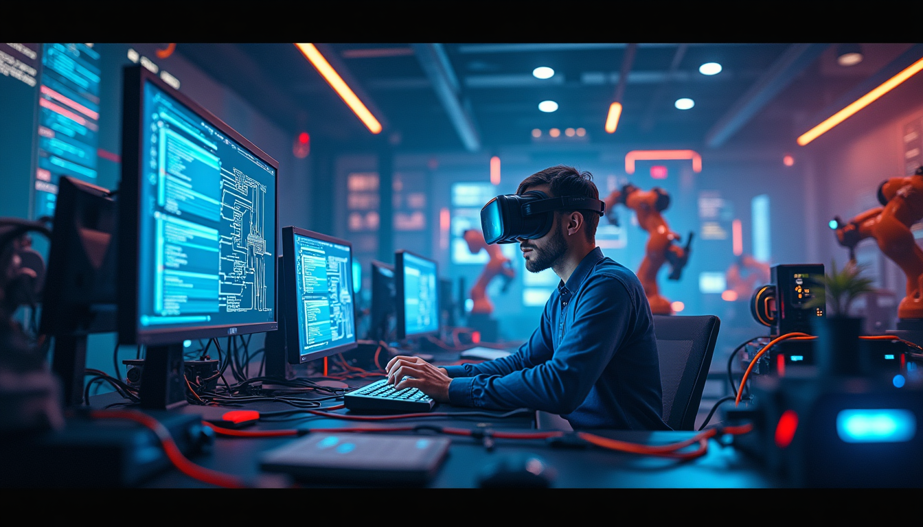 Man wearing a VR headset at a multi-monitor workstation in a robotics lab and coding on screen(s).