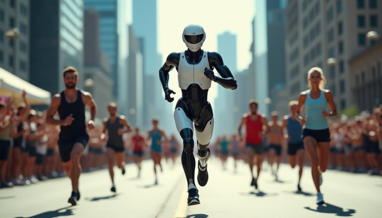 Robotic athlete wearing white and black suit sprinting toward the camera in a crowded city marathon scene.
