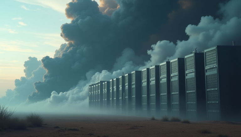 Row of server racks stretching into a desolate desert landscape shrouded in fog and dark storm clouds above.