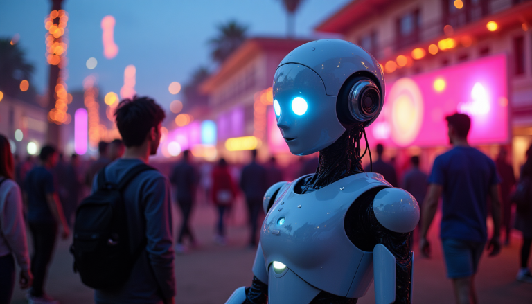 Humanoid robot with glowing blue eyes stands among pedestrians on a neon-lit street at dusk or evening festival.