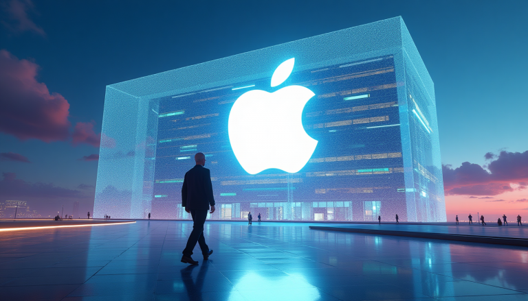 A man walks toward a large, glassy cube building illuminated with a bright Apple logo against a dusk sky.