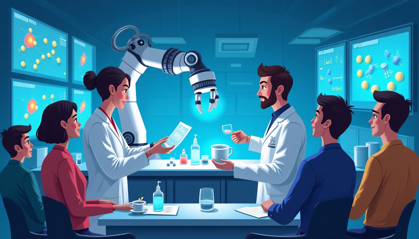 Scientists in a high-tech lab discuss a robotic arm over a bench with samples on display screens nearby.