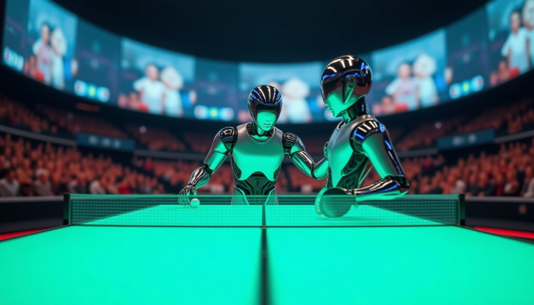 Two metallic robots playing table tennis at a neon-green table in a crowded arena with curved screens overhead.