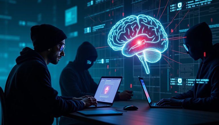 Hooded hackers coding on laptops with a glowing neon brain graphic in a dark cybercrime-themed setting