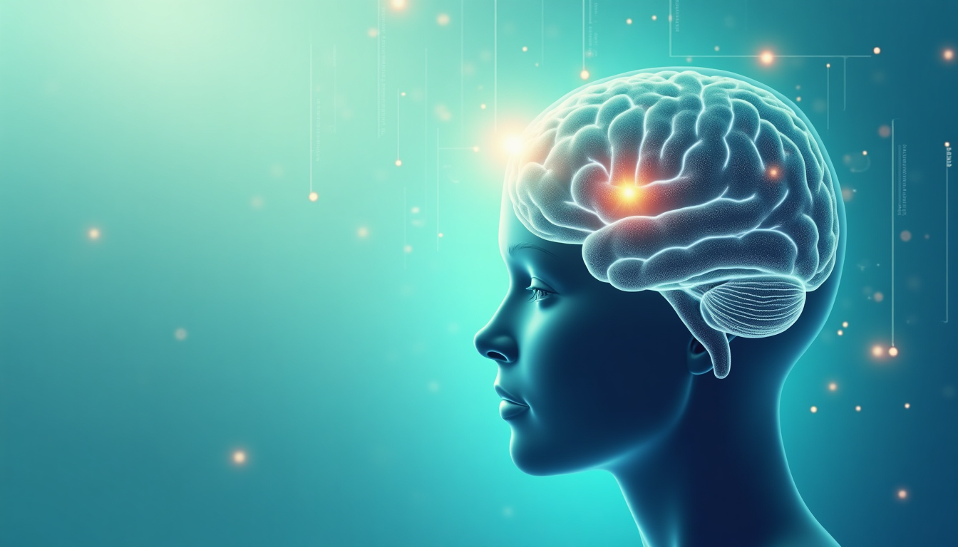 Side profile of a head with an illuminated brain and glowing activity in a teal, tech-inspired background.