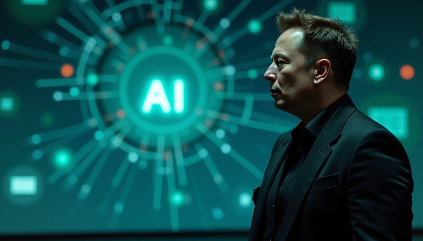 Profile of a man in a dark suit facing left, with a glowing AI hub and neon circuitry in the background.