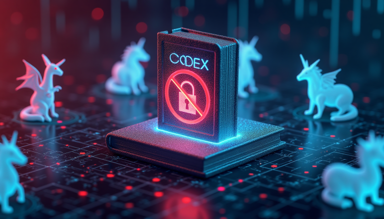 Neon-lit scene with a codex on a pedestal showing a red no-lock symbol, surrounded by blue unicorn figurines on a glowing grid.
