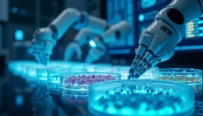 Robotic arms handling Petri dishes in a high-tech lab with blue lighting.