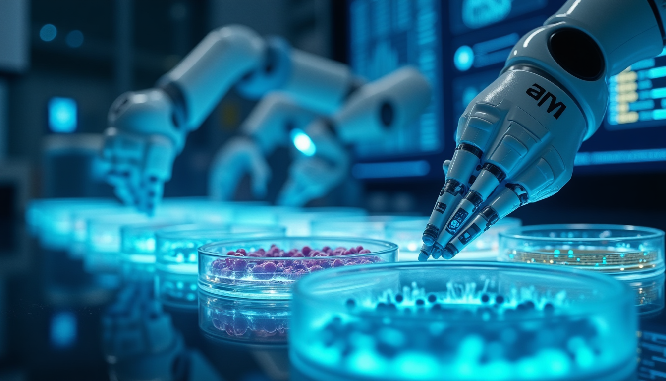 Robotic arms handling Petri dishes in a high-tech lab with blue lighting.