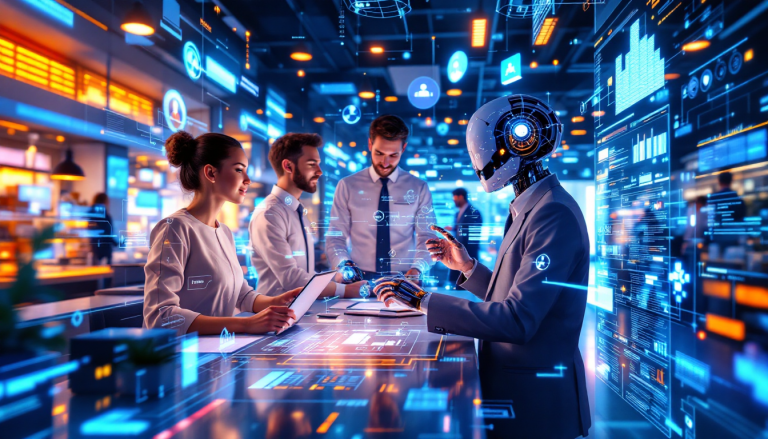 Team of professionals in a high-tech lab collaborating with a humanoid robot over holographic data displays.
