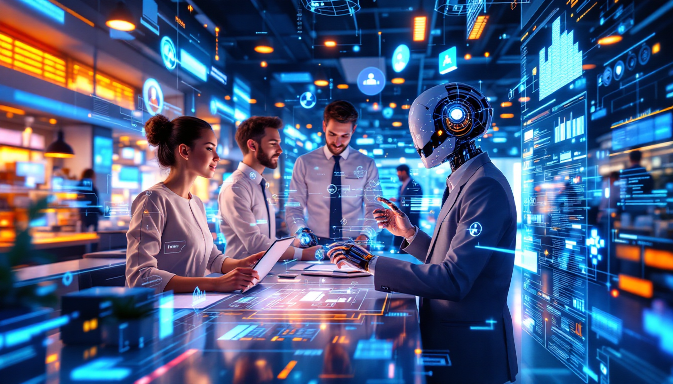 Team of professionals in a high-tech lab collaborating with a humanoid robot over holographic data displays.