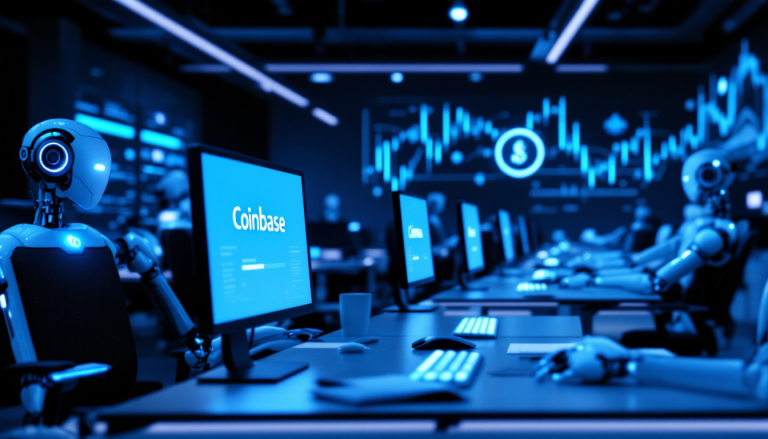 Row of computer workstations in a blue-lit lab with robotic arms and Coinbase on the screen, suggesting a crypto trading operations setup.