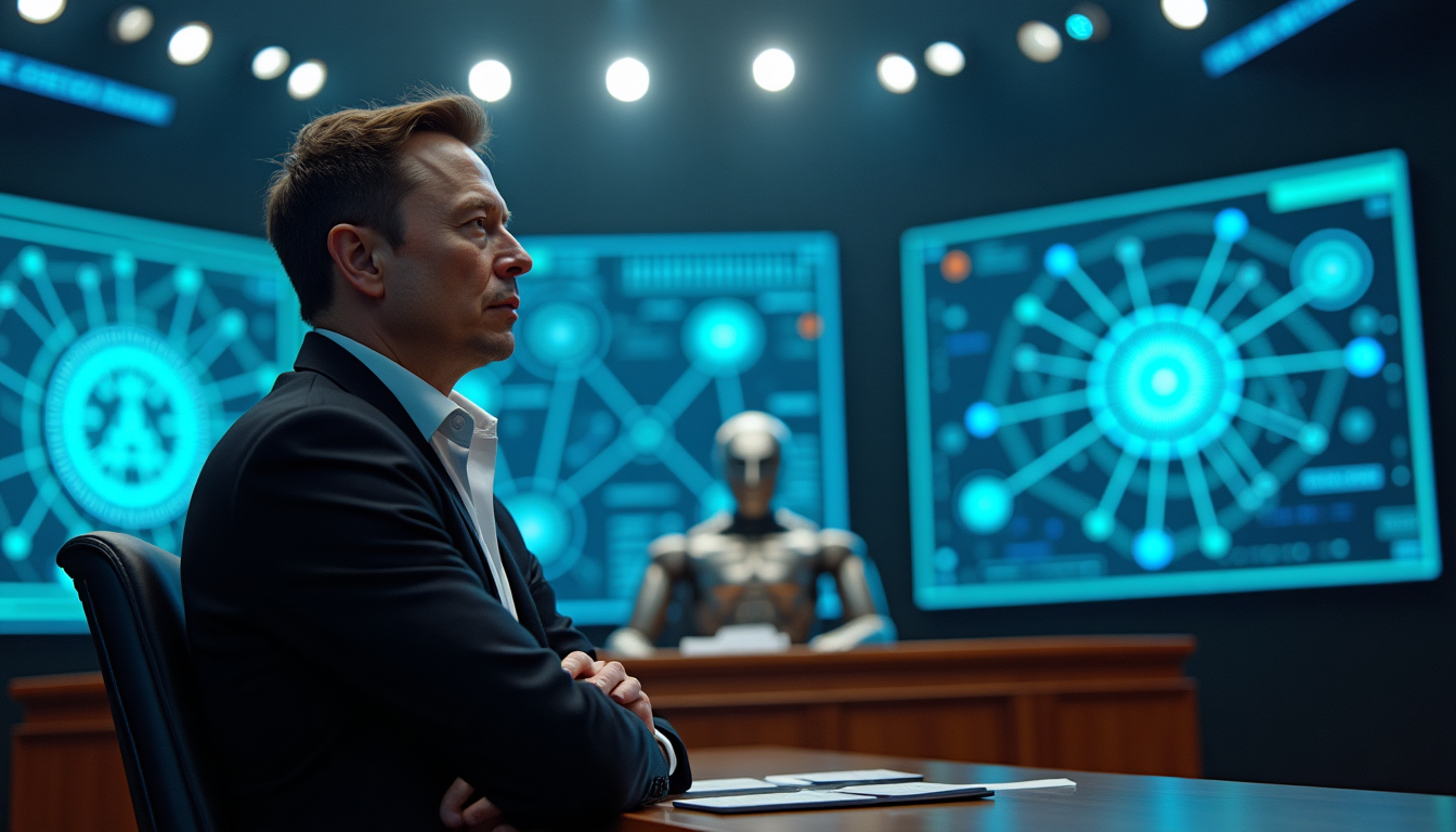 Businessman in a dark suit sits at a desk as glowing blue control screens and a humanoid robot loom in a high-tech control room behind him