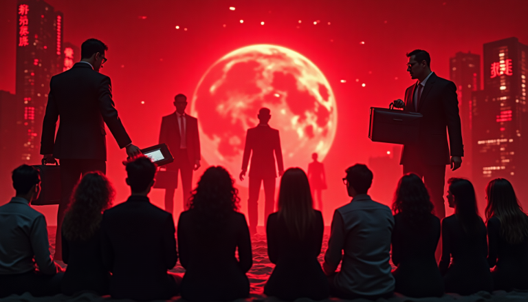 Audience of professionals watches a red-lit stage where silhouettes stand before a giant moon backdrop.