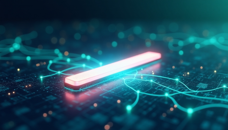Pink glowing USB flash drive resting on a dark blue circuit board with neon teal circuitry lines.