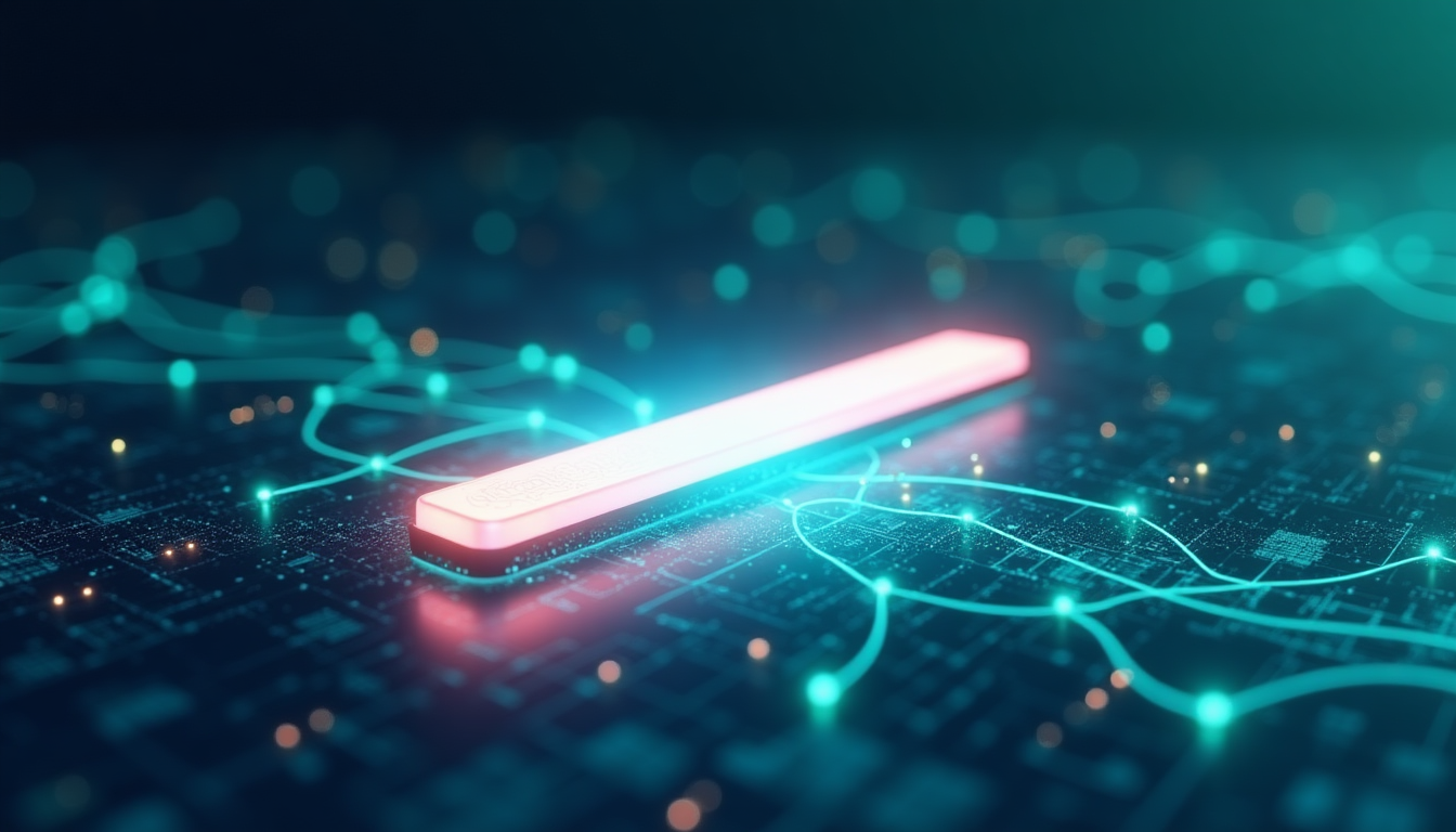 Pink glowing USB flash drive resting on a dark blue circuit board with neon teal circuitry lines.