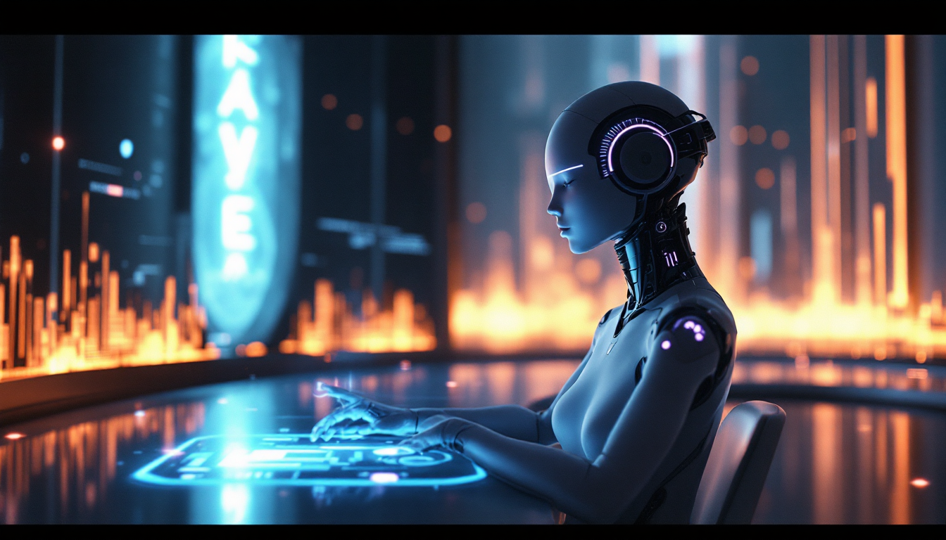 Humanoid robot with a glowing control console in a neon futuristic cityscape.