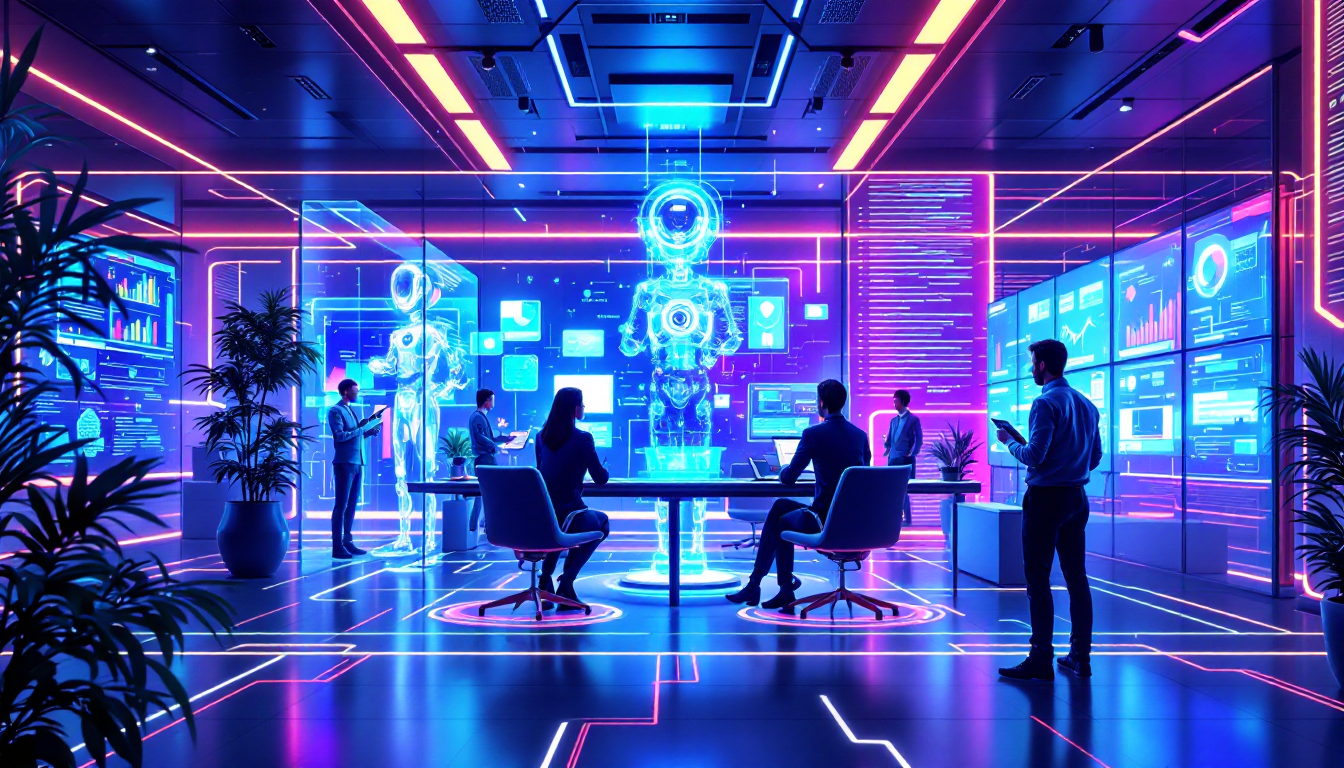 Futuristic conference room with neon pink and blue lights, a holographic astronaut robot at center, and a team around a round table.