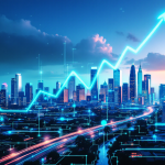 City skyline at dusk with a bright neon upward-trending line, symbolizing growth and technology.